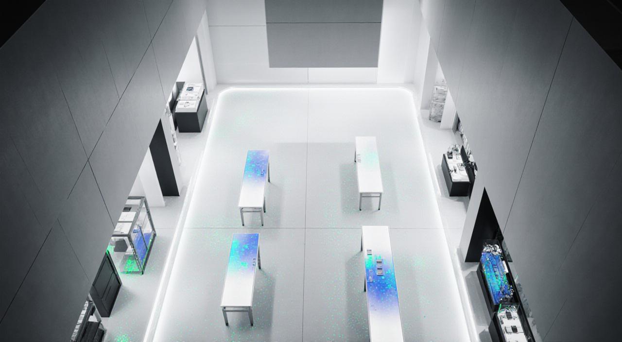 Overhead view of a modern retail layout with analytical heatmaps and path tracking